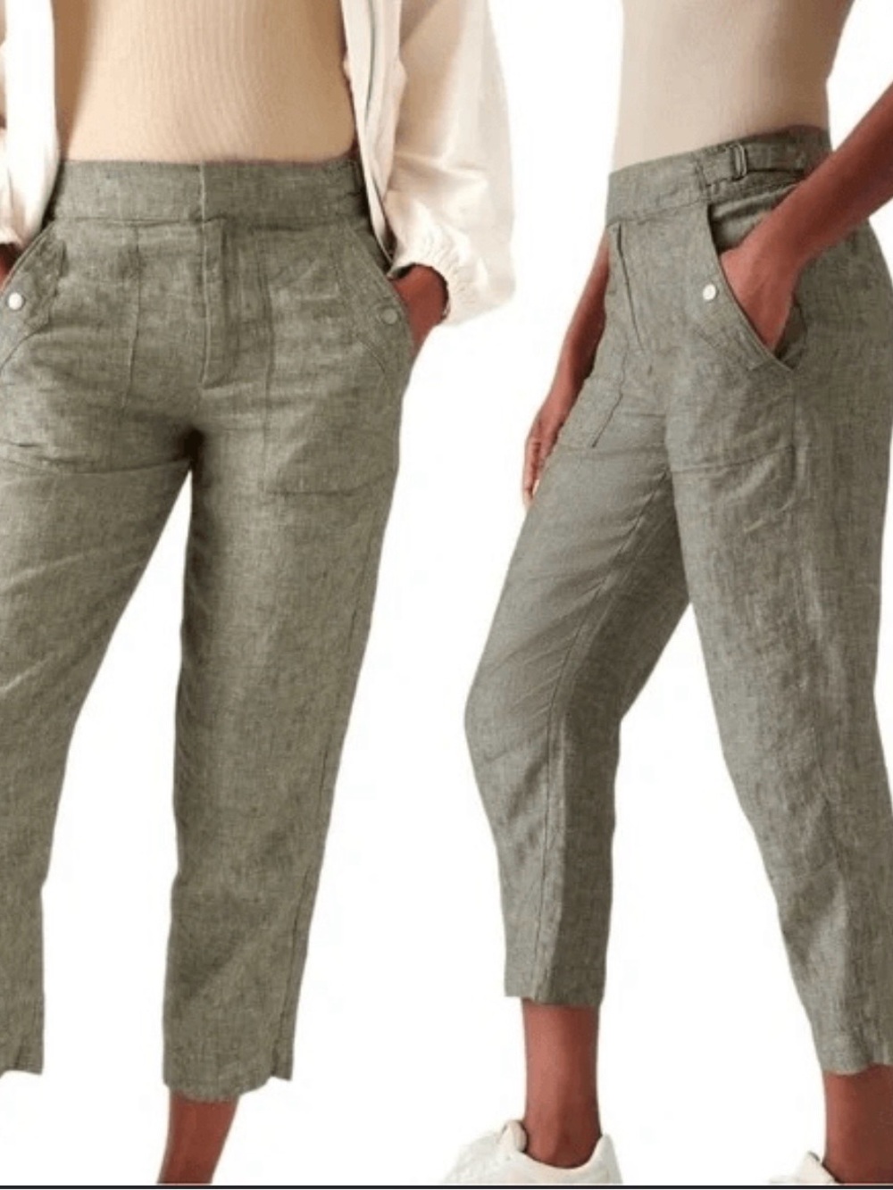 Athleta Women's Green 100%Linen Blend Utility Cropped Pants Size 10 Tall